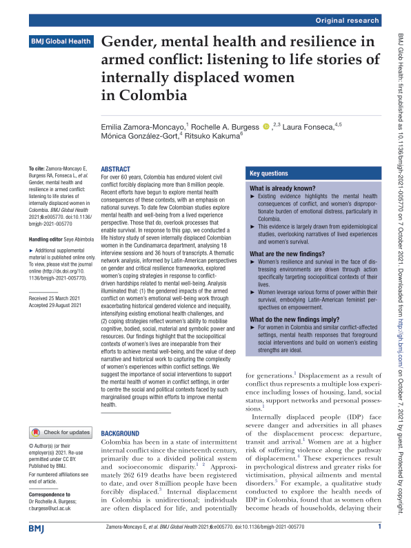 Gender, mental health and resilience in armed conflict: listening to life stories of internally displaced women in Colombia – Colombia
